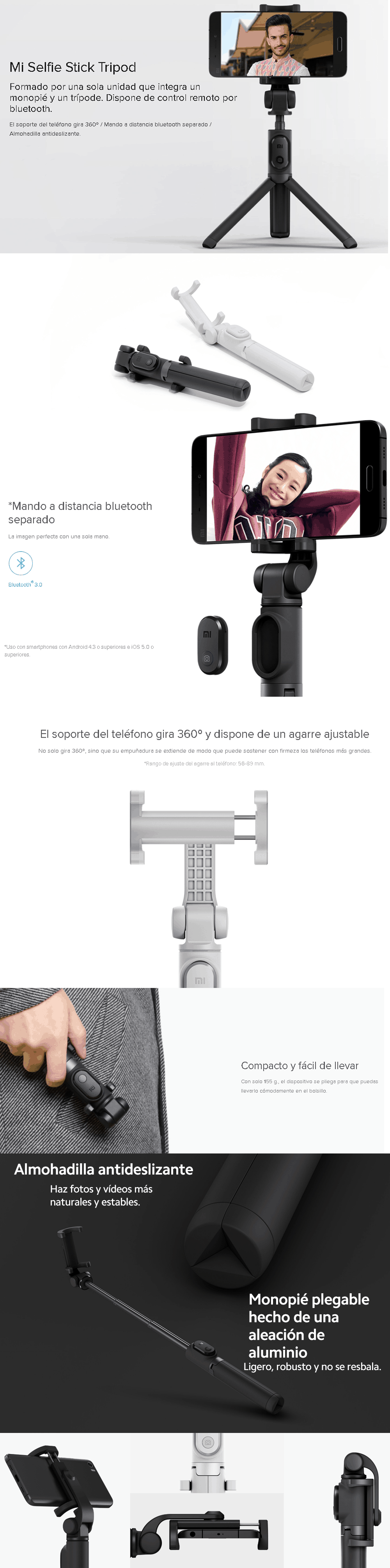 Selfie Stick Xiaomi Tripode Plegable Extensible Gray